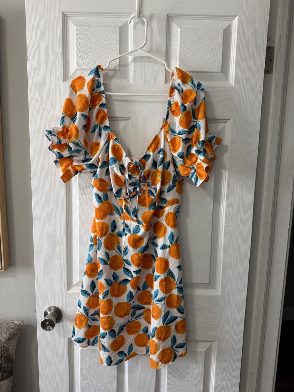 SHEIN White Mini Dress with Orange Fruit Print and Teal Leaves